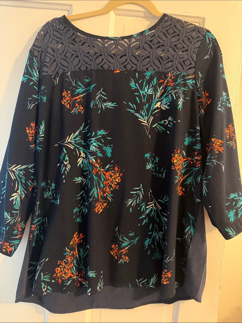 Van Heusen Women's Floral Lace Yoke Blouse - Black with Teal & Orange
